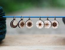 Load image into Gallery viewer, Moon and Stars Maple Wood Knitting Stitch Markers Set of 6