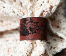 Load image into Gallery viewer, Leather Raven Skull Shawl Cuff with Bronze Stud: 6 Inch