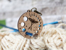 Load image into Gallery viewer, Luna Moth Knitting Needle Gauge in Cherry with Bronze Clasp