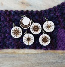 Load image into Gallery viewer, Moon and Stars Maple Wood Knitting Stitch Markers Set of 6