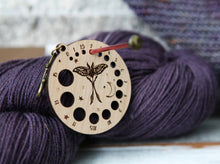 Load image into Gallery viewer, Luna Moth Knitting Needle Gauge in Cherry with Bronze Clasp