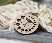 Load image into Gallery viewer, Luna Moth Knitting Needle Gauge in Cherry with Bronze Clasp