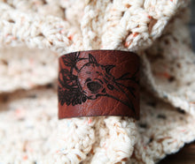 Load image into Gallery viewer, Leather Raven Skull Shawl Cuff with Bronze Stud: 7 Inch