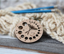 Load image into Gallery viewer, Luna Moth Knitting Needle Gauge in Cherry with Bronze Clasp