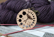 Load image into Gallery viewer, Luna Moth Knitting Needle Gauge in Cherry with Bronze Clasp
