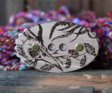 Load image into Gallery viewer, Raven Skull Wood Row Counter with Forest Plants &amp; Yarrow: Walnut
